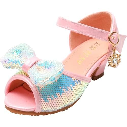 Girls Sandals Summer New Colored Sequins Bow Kids Shoes for Girl Princess High Heel Open Toe Rhinestone Sneakers SJD029