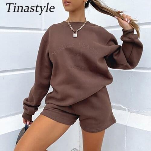 Tinastyle Thick Winter Two Piece Set Jumpsuit For Women Long Sleeve Pullover And High Waist Shorts Suit Casual 2 Pieces Warm Set