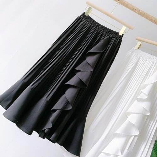 Black Ruffle Midi Long A-line Skirt Women Chic Irregular All-match Skirts Fashion Korean Spring Summer Sun School Skirt Female