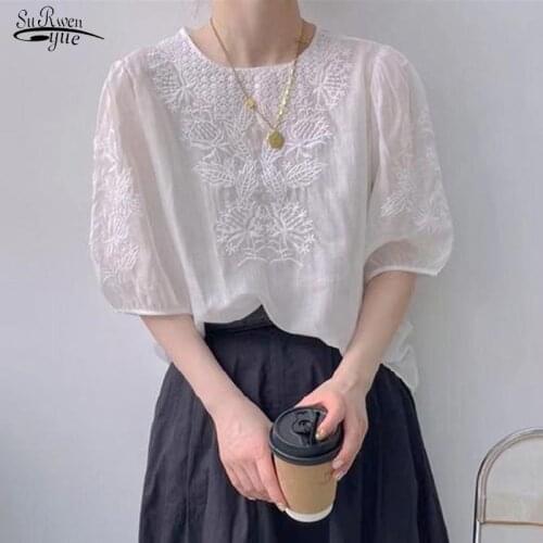 Summer O Neck Puff Short Sleeve Casual Shirt Fashion Hook Flower Elegant Womens Blouses Embroidered Lace Blouse 2021 Tops 15454