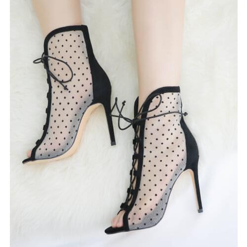 Roni Bouker Lady Fashion Design Shoes Woman Black Polka Dot Summer Booties Women Lace-up High Heel Shoe Peep Toe Ankle Boots