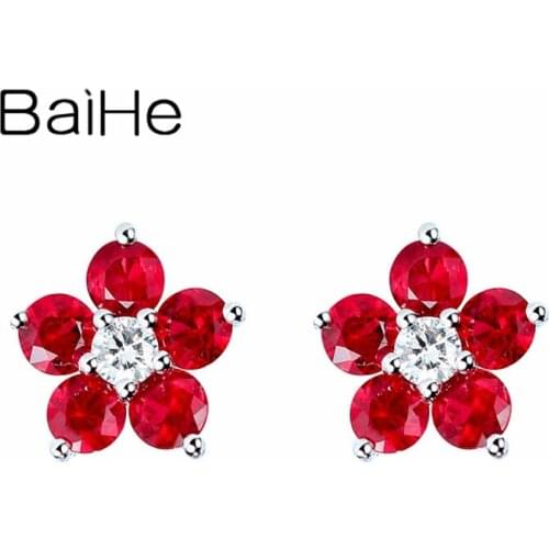BAIHE Genuine Solid 14K White Gold Natural Ruby Natural Diamonds Fine Jewelry Flower Earrings Women серьги 2020 тренд Wedding