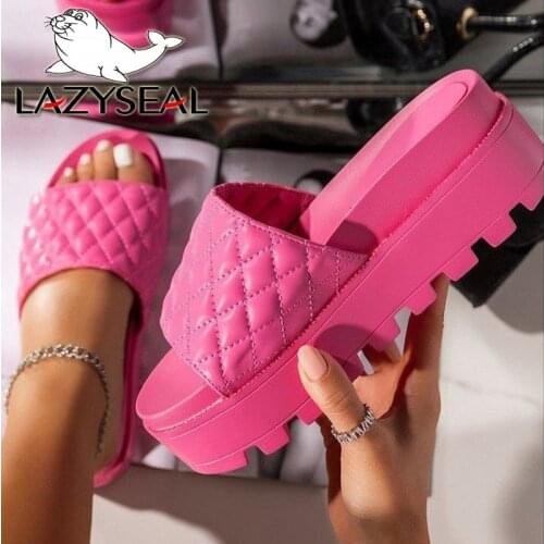 LazySeal 2021 New Summer Platform Slides Women Shoes Checkered Height Increasing Bottom Pink Flip Flops Crystals Slippers