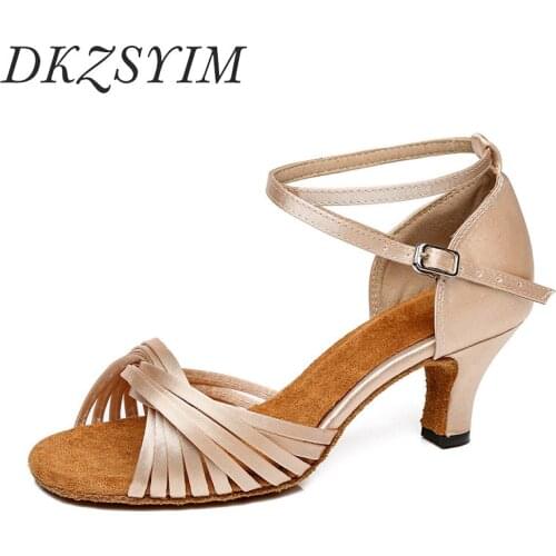 DKZSYIM Women Latin Dance Shoes Knot Ballroom Perform Professional Tango Dancing Shoes Soft Suede Soles Party Dance Sandals 10CM