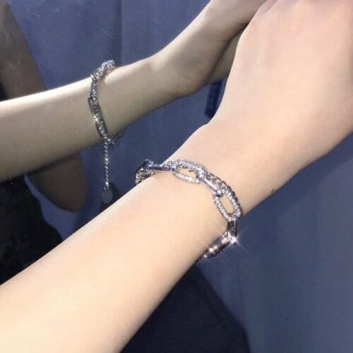 Hip Hop Cool Double Layered Linked Chain Rhinestones Bracelets for Women Silver Color Metal Charm Bracelet Street Style Jewelry