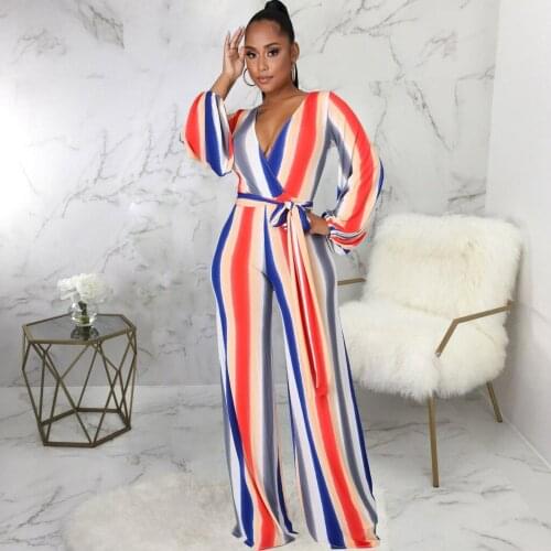 Vertical Striped Print Rompers Womens Jumpsuit 2021 Full Sleeve Deep V Neck Wide Leg Overall Autumn Fall High Waist Bodysuits