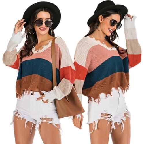 Autumn/winter new fashion worn contrast color sweater women casual loose short street style V-neck sweater