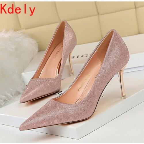 Star Womens Shoes Elegant Ladies Shining Silver Pumps Pointed Toe High Heels Wedding Party Shoes Woman Pink Shallow Spring Work