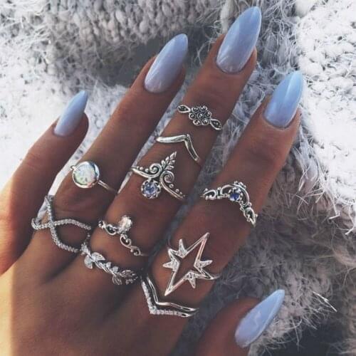 10pcs/set Fashion Geometric V Rings for Women Silver Color Leaves Crown Flower Rings Set Wedding Party Jewelry New