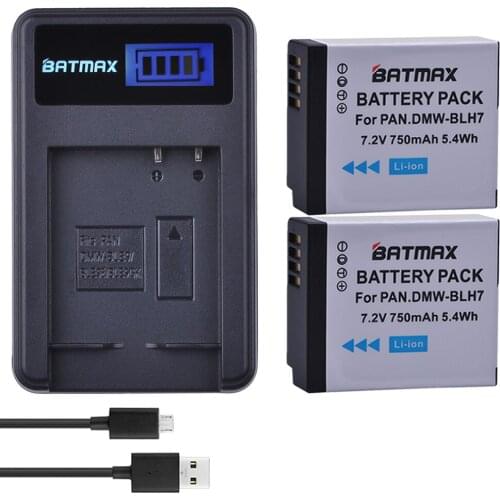 2Pcs 750mAh DMW BLH7 DMW-BLH7 Battery + LCD USB Charger for Panasonic Lumix DMC-GM1 GM1 DMC-GM5 GM5 DMC-GF7 GF7 DMC-GF8 GF8
