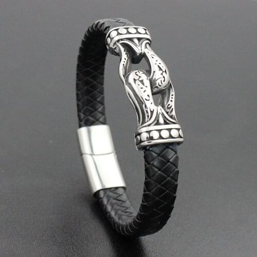 Stainless steel Cuff Bead Bracelets Men 12MM Wide Braided Genuine Leather Bangle with Strong Magnet Clasp