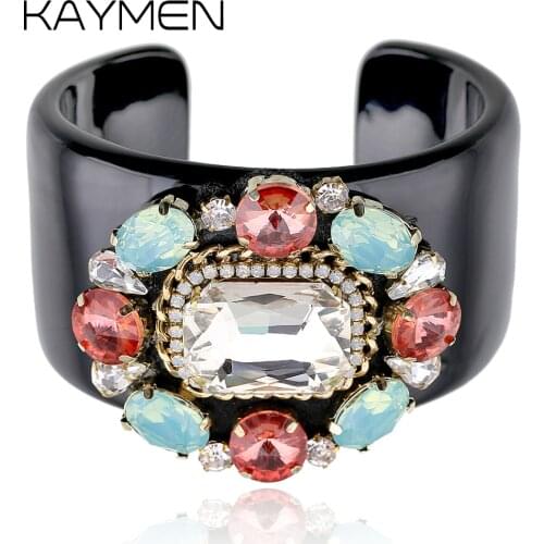 KAYMEN Black Resin Cuff Bracelet Statement Bangle and Crystal Beads Flower Luxury Handmade Bangle Fashionable Bracelet for Girls