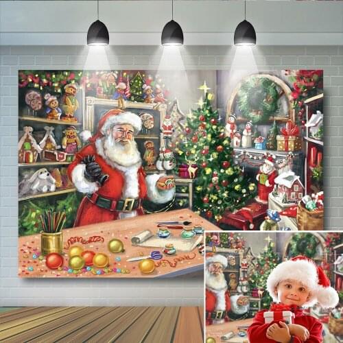 Santa Claus Theme Brckdrop Child Portrait Photography Hand Paint Background Gifts Desk Trees Socks Girl Baby Photo Photostudio