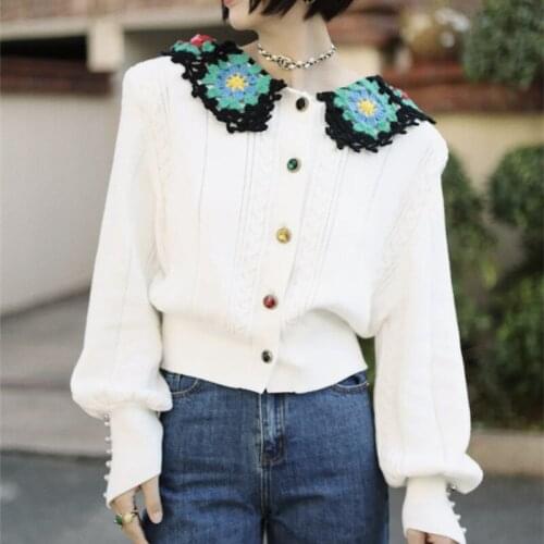 Crocheted Collar Lantern Sleeve Cropped Cardigan Women 2021 Autumn Winter Thick Cute Cardigan Loose Sweater Coat Jacket Knitwear