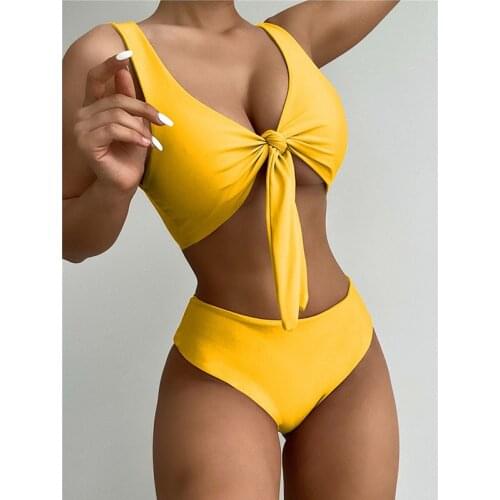 Tank Top High Waisted Bikini Knot Tie Front Girls' Swimsuit Woman 2021 Bathing Suit Two Piece Modest Beachwear