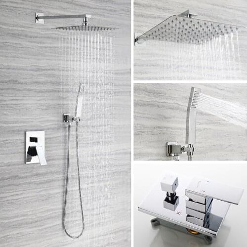 Square Shower Faucet Set Wall Mounted Rainfall Shower Faucet Solid Brass Shower System Kit 2-way Mixer Shower