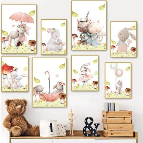 Cute Bunny Cat Elephant Kangaroo Cartoon Animal Wall Art Canvas Painting Nordic Posters And Prints Wall Pictures Kids Room Decor