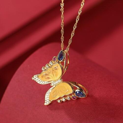 Natural 925 sterling silver gilt inlaid amber butterfly temperament individuality gold necklace luxury gold filled necklace