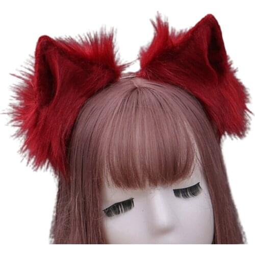 Handmade Simulation Faux Fur Wolf Ears Headband Realistic Solid Color Fluffy Plush Animal Hair Hoop Cosplay Costume