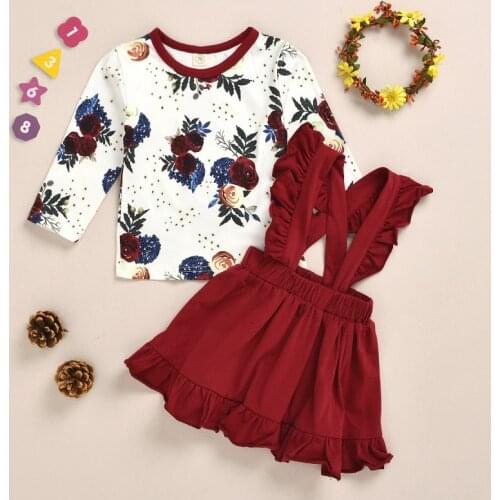 0-4T Baby Toddler Girl Clothes Set Infant Floral Ruffles Long Sleeve T Shirts Top Suspender Skirts kids Children Clothing Outfit