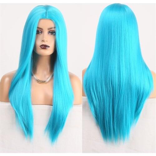 Blue Color Cosplay Wig for Girls Women Silky Straight Synthetic Non Lace Wig Middle Part High Tempreture