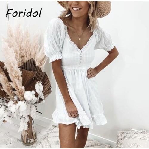Foridol Casual Brief White Summer Dress Women Vintage Ruffled Boho Beach Dress Short Sleeve A-line Mini Vestido Feminino