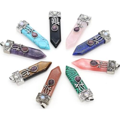 New Columnar Shape Natural Amethysts Turquoises Pendant Metal Alloy Charms Pendants Best Gift Size 16x57mm