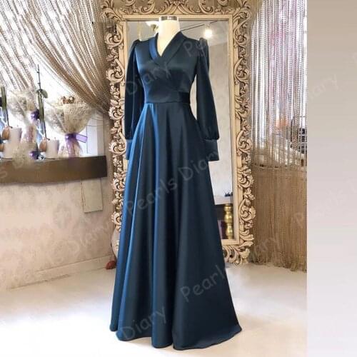 Simple Long Evening Dress 2021 A-line V-neck Long Sleeve High Quality Navy Blue Satin African Women Formal Party Gowns