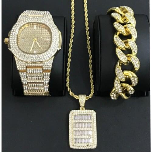Luxury Men Gold Color Watch Men Jewelry Stylish Watch & Bracelet & Necklace Combo Set Shining Pendant Ice Out Cuban For Men