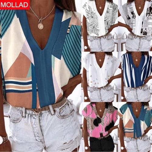 2021 AliExpress Hot Summer Simplicity V-neck Short Sleeve Printed Womens Shirt Shirt Womens Clothing