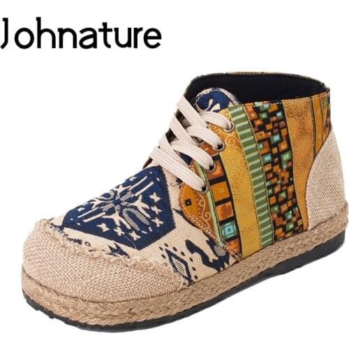 Johnature 2020 New Spring/autumn Handmade Embroidery Round Toe Lace-up Floral Sewing Linen cotton shoes Ankle Boots For Women
