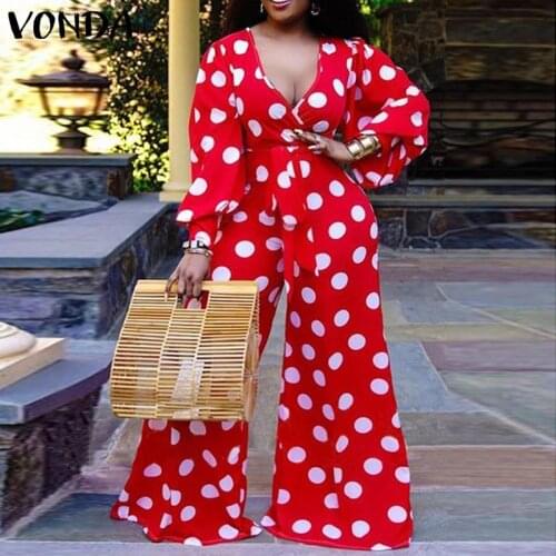 Women Overalls 2021 Elegant Belt V Neck Polka Dot Jumpsuits VONDA Casual Office Ladies Wide Leg Pants Femme Trousers Palazzo