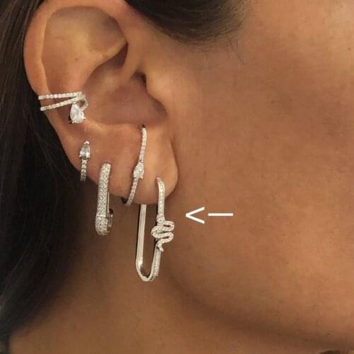 2021 New Arrived Punk Long Snake Rectangle Hoop Earring For Women Girl Paved White Cz Dainty Geometric Fashion Jewelry Wholesale