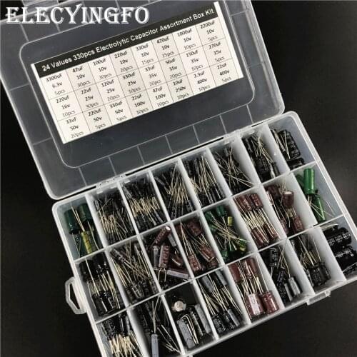 24 values 330pcs 6.3/10V/16V/25V/35/50V/100V/250V/400V (3.3uF~2200uF) 100uF 1000uF Electrolytic capacitor Assorted kit with box