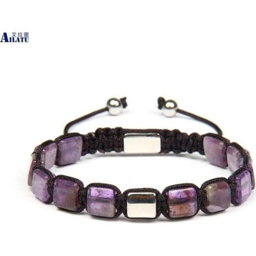 Ailatu Couples Jewelry Natural Purple Crystal & Matte Onyx Stone Square Flatbed Braided Bracelet Stainless Steel Top Quality