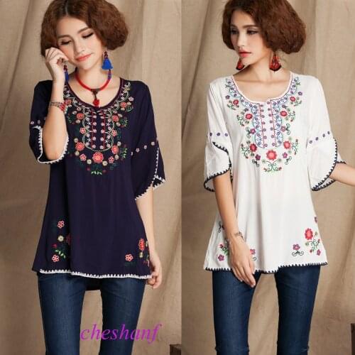 2021 Vintage 70s Mexican Floral Embroidery Boho Women Hippie Blouse Women Tunic Soft Cotton Summer Shirts Tops Blusa Mujer