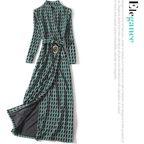 19 new autumn nine points sleeve v-neck diamond lattice printing belt waist elastic long dress of cultivate morality