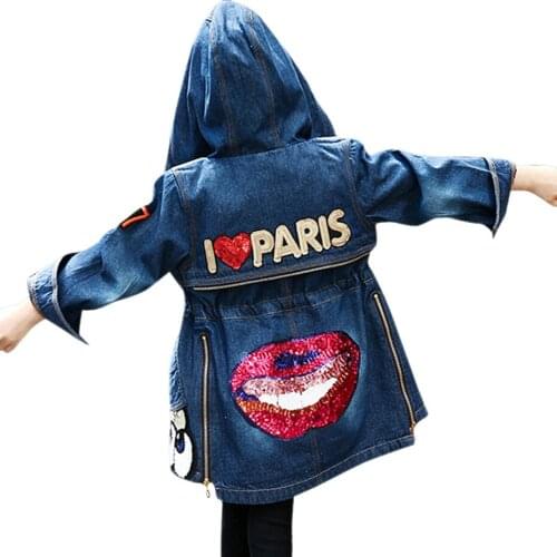Girls Denim Long Jacket Teenage Children Jacket With Hooded Spring Autumn BIG EYE Sequins Girls Outerwear 6 8 10 12 14