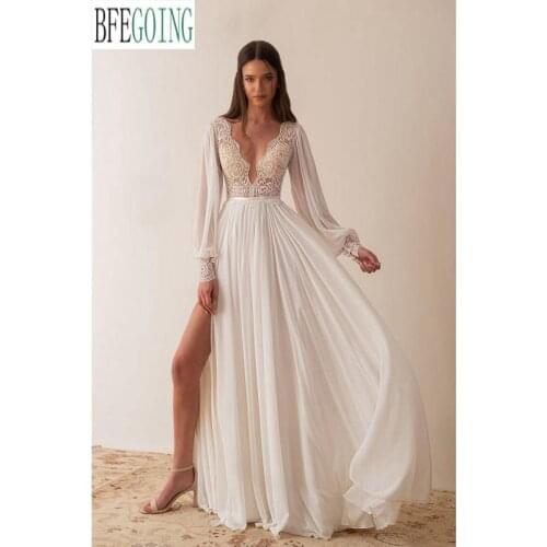 Boho Ivory Lace Chiffon Long Sleeves V-Neck Floor-Length Beach Wedding Dresses Custom Made Split Skirt