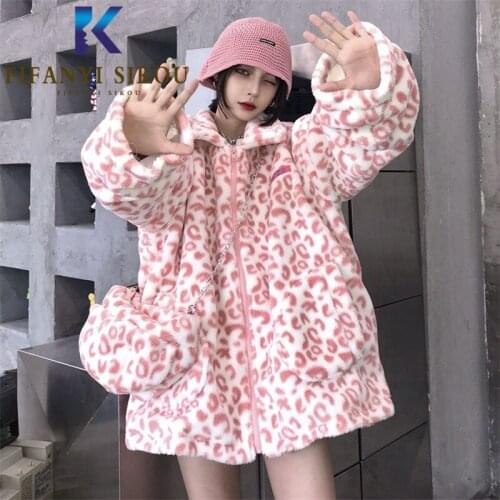 Fashion Leopard Print Harajuku Jacket Women Winter Thick Warm Lambswool Jackets Female Loose Outerwear Lapel Zipper Plush Coat
