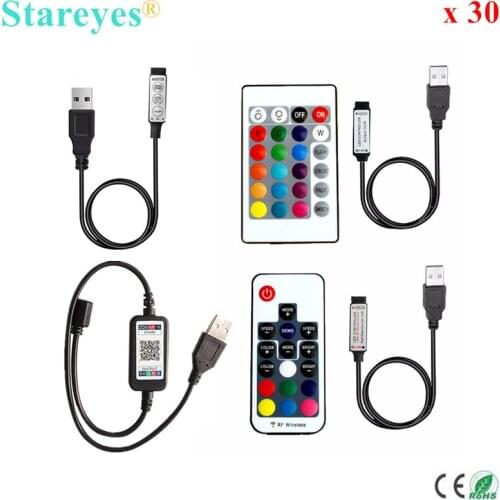 30 Pcs DC5V USB LED RGB Controller Mini 3Key Dimmer IR 24Key RF 17key Bluetooth Wireless Remote Control for 5V RGB LED Strip
