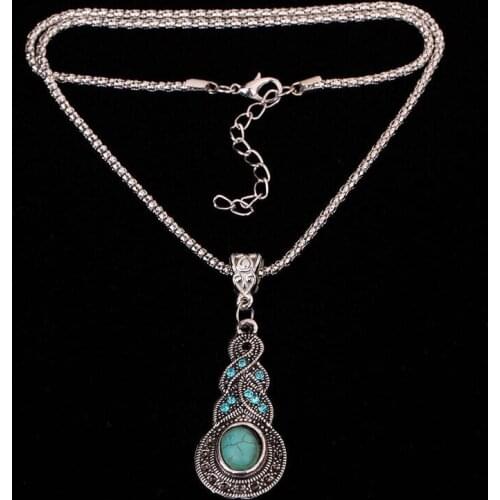Fashion Jewelry Tibetan Silver Turquoise Crystal Pendant Necklace Chain Vintage Collection Decoration