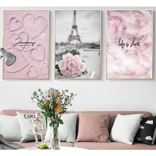 Nordic Decor Eiffiel Tower Couple Love Heart Wall Painting On Rose Flower Posters And Prints Pink Picture Cuadros Decoration