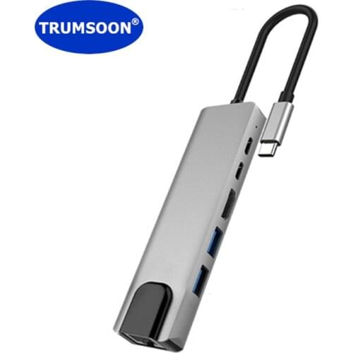 TRUMSOON Type C to RJ45 Ethernet 4K HDMI-compatible USB C 3.0 for MacBook Huawei Matebook Xiaomi 10 Samsung S21 Dex TV PS5