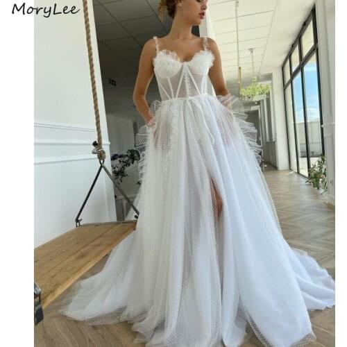 Prom Dresses Sweetheart Spaghetti Straps A-Line Side Slit Dot Tulle Pleated Prom Dresses Zipper Back vestidos de fiesta de noche