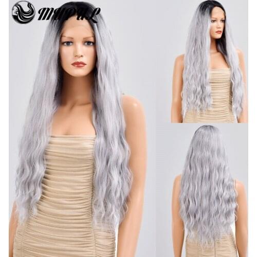 Gray Body Wave Ombre Long Middle Parting Synthetic Hair Natural Lace Front Wigs For Black Women Heat Resistant Fiber Female Wigs