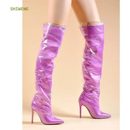 Spring Sexy Purple/orange Over The Knee Boots Transparent Patent leather Shoes Lady Long Boots Fashion Thigh High Boots Big Size