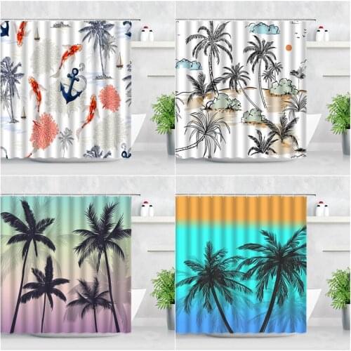 Palm Trees Shower Curtains Tropical Plant Koi Creative Design Hand Painted Art Home Wall Decor Cloth Bathroom Bath Curtain Sets