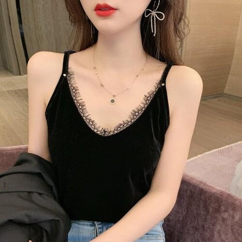 Gkfnmt Women Camis Tanks Lace Top Halter Velvet Camisole 2021Spring Summer Sexy V-Neck Sleeveless Low Chest Womens Clothing
