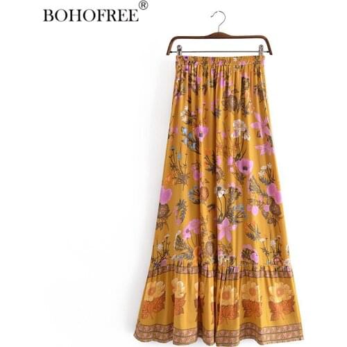 Boho Vintage Yellow Floral Print Maxi Hippie Skirts Casual Stretch Waist Women Fadal Bohemian Skirts